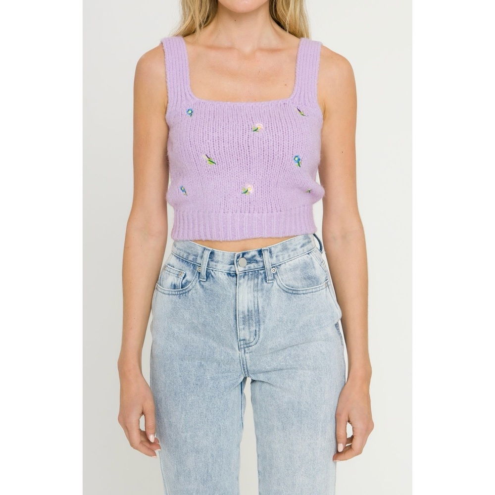 English Factory Lavender Knit Floral Embroidered Tank Top